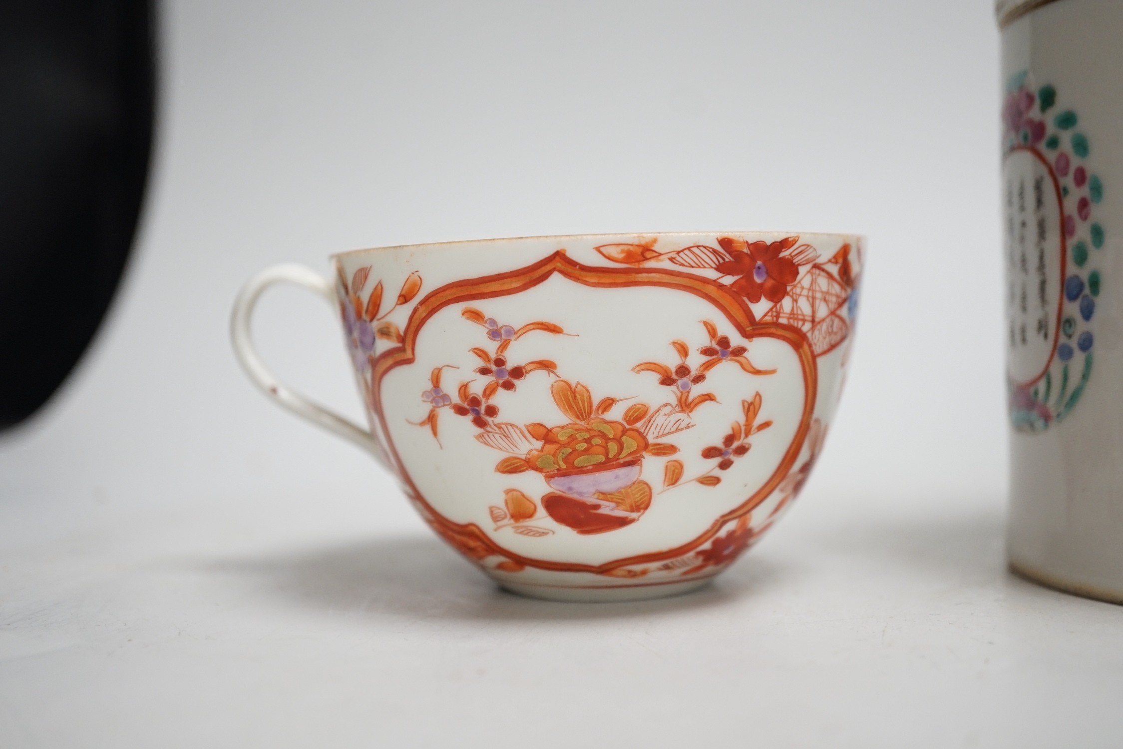 A 19th century Chinese famille rose cylindrical jar and cover, 11.5cm high, a blue and white prunus lamp and a Japanese eggshell porcelain cup
